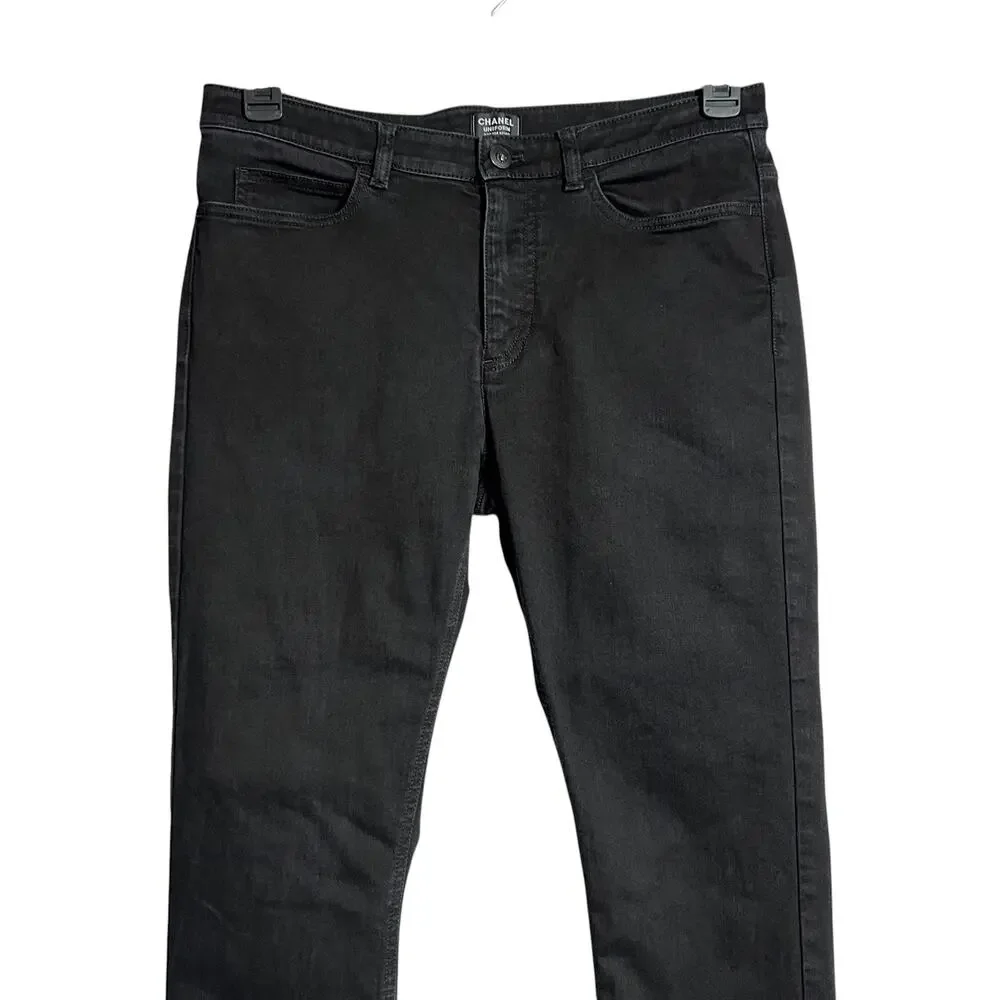 Chanel Uniform Slim Straight Stretch Denim Jeans Black EU 40 Lion Crest